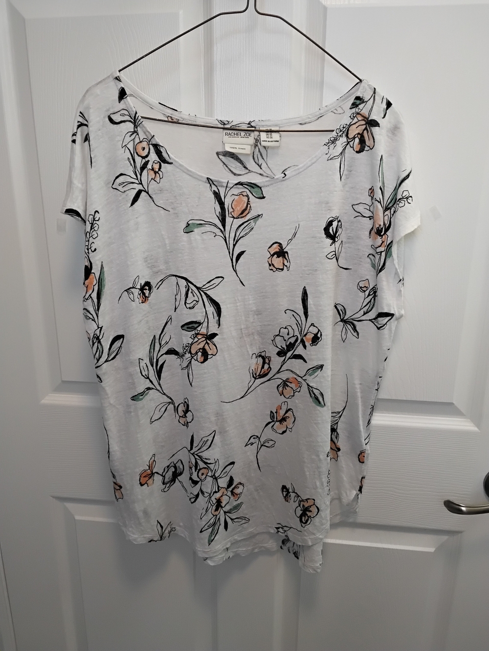 Rachel Zoe 100% Linen Summer White Floral Tee with Peach and Green Accents